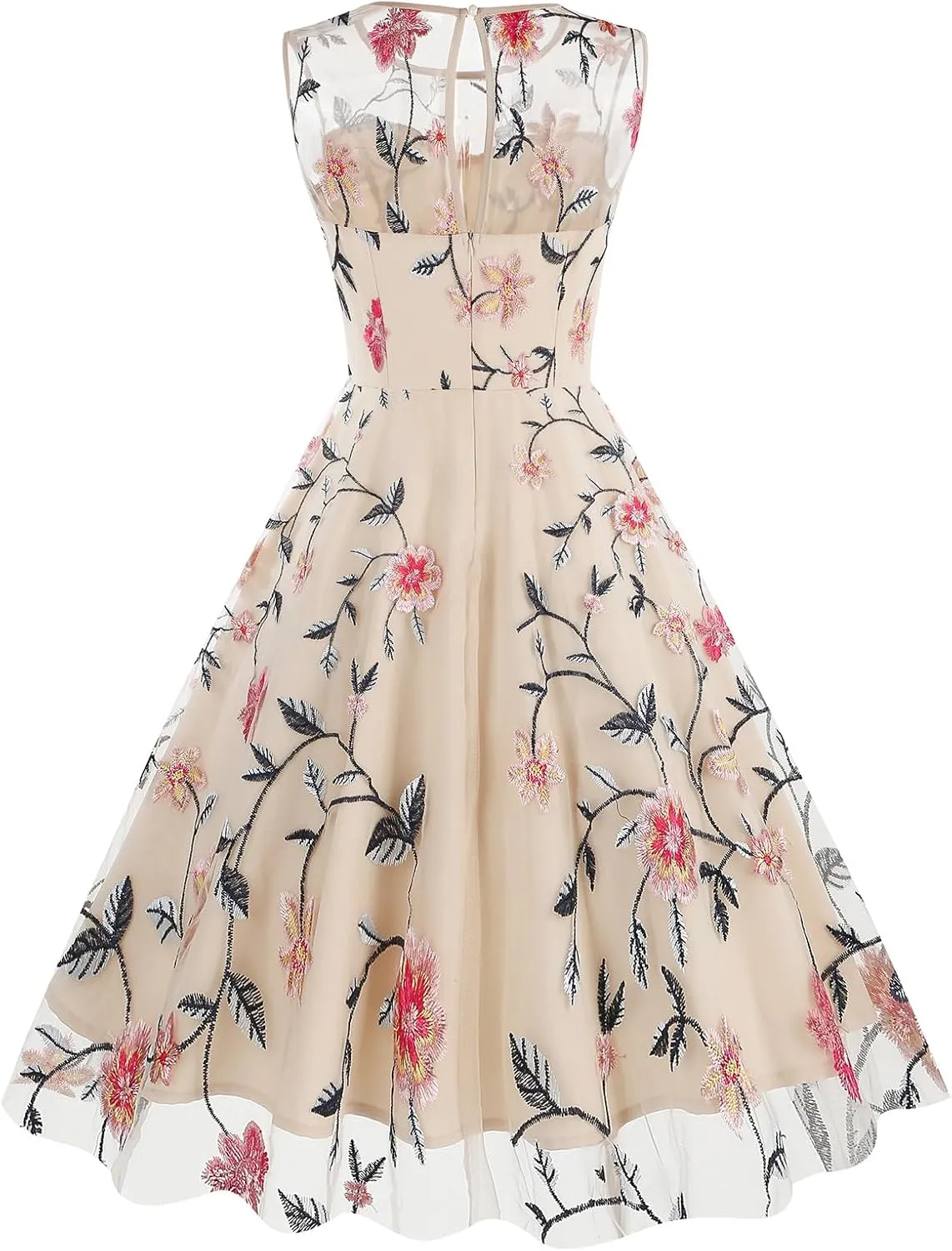 Tulle Embroidery Floral Dress for Women Sleeveless Mesh Flower Embroidered Tulle Prom Dress Summer Wedding Tea Party Dress