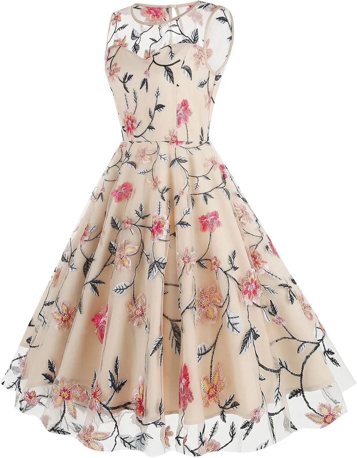 Tulle Embroidery Floral Dress for Women Sleeveless Mesh Flower Embroidered Tulle Prom Dress Summer Wedding Tea Party Dress