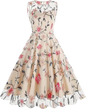 Tulle Embroidery Floral Dress for Women Sleeveless Mesh Flower Embroidered Tulle Prom Dress Summer Wedding Tea Party Dress