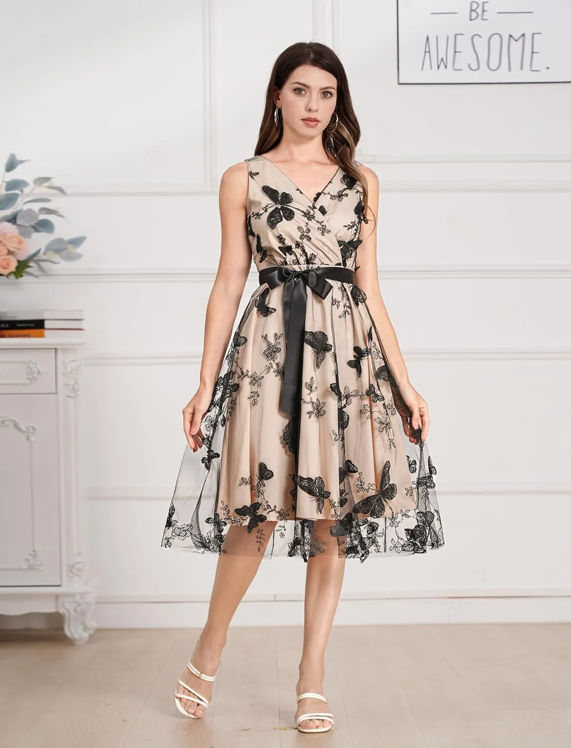 Tulle Embroidery Floral Dress for Women Sleeveless Mesh Flower Embroidered Tulle Prom Dress Summer Wedding Tea Party Dress