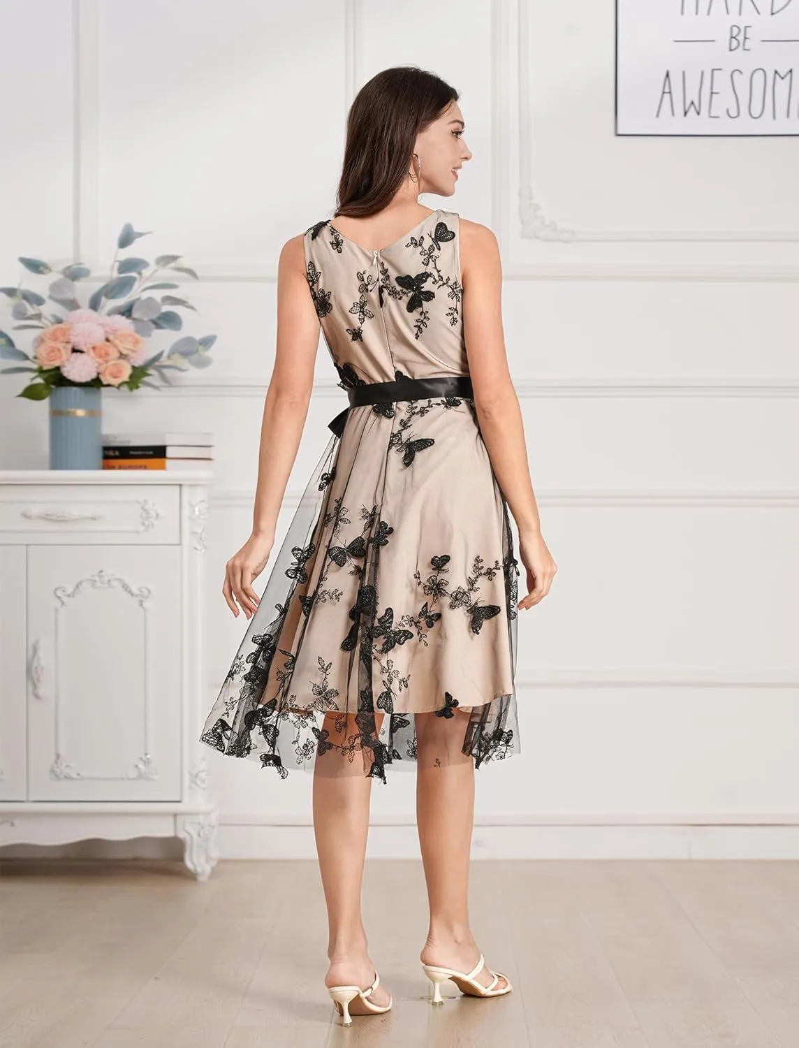 Tulle Embroidery Floral Dress for Women Sleeveless Mesh Flower Embroidered Tulle Prom Dress Summer Wedding Tea Party Dress