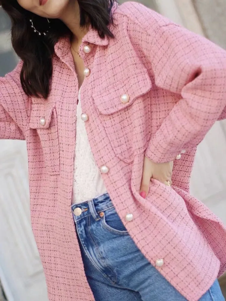 Tweed Vintage Oversize Plaid Streetwear Loose Elegant Shirt