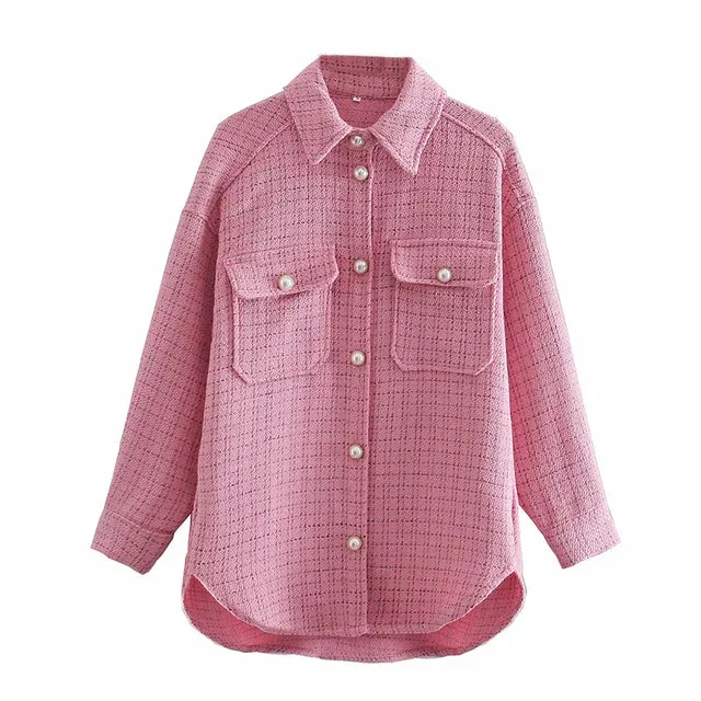 Tweed Vintage Oversize Plaid Streetwear Loose Elegant Shirt