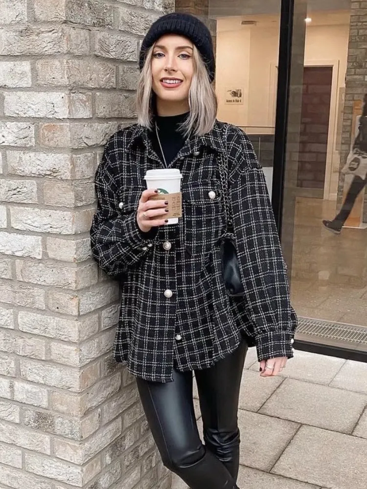 Tweed Vintage Oversize Plaid Streetwear Loose Elegant Shirt