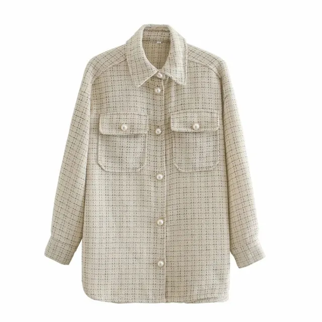 Tweed Vintage Oversize Plaid Streetwear Loose Elegant Shirt