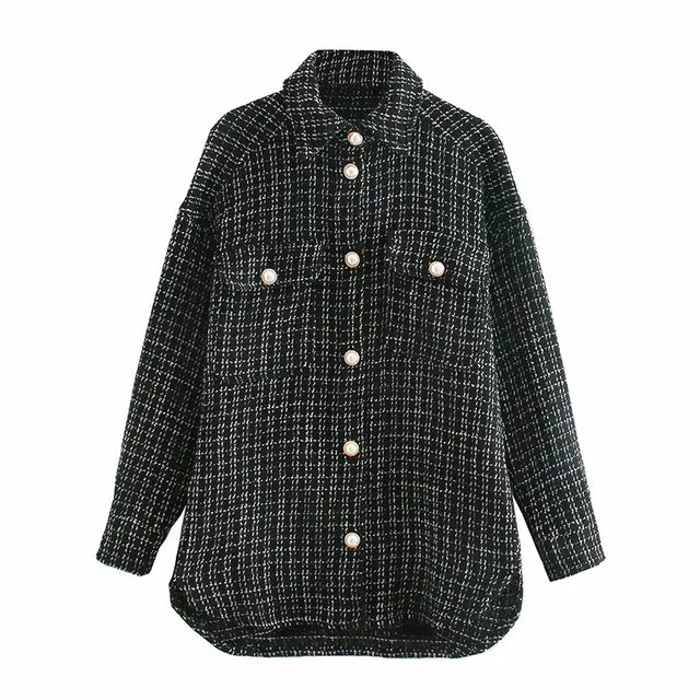 Tweed Vintage Oversize Plaid Streetwear Loose Elegant Shirt