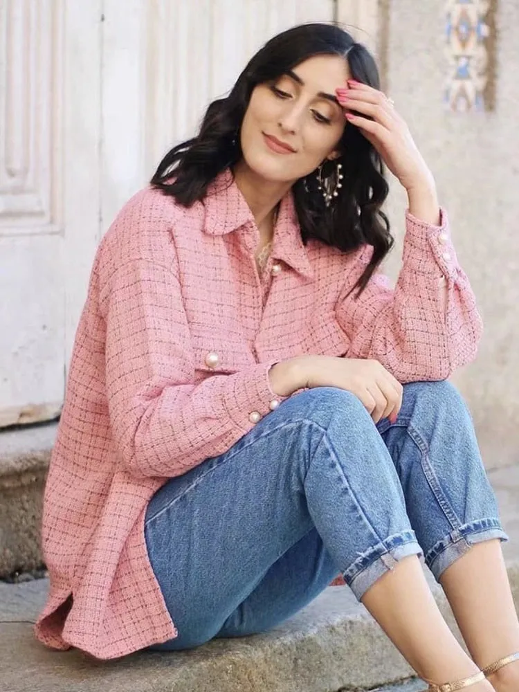 Tweed Vintage Oversize Plaid Streetwear Loose Elegant Shirt