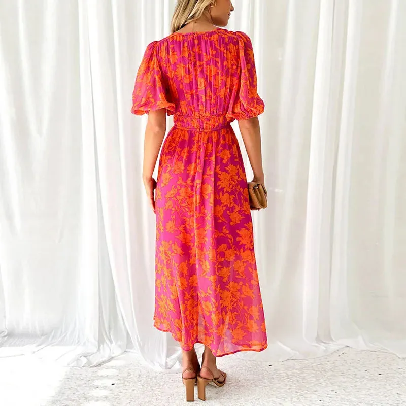 V Neck Print Pleated Waist Loose Puff Sleeve Fashion Lady Folds Ruffle Floral Bohemian Dress