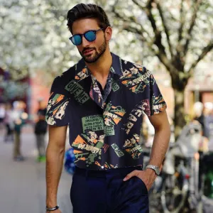 Vintage Letter Print Turn-down Collar Shirts Men Casual Short Sleeve