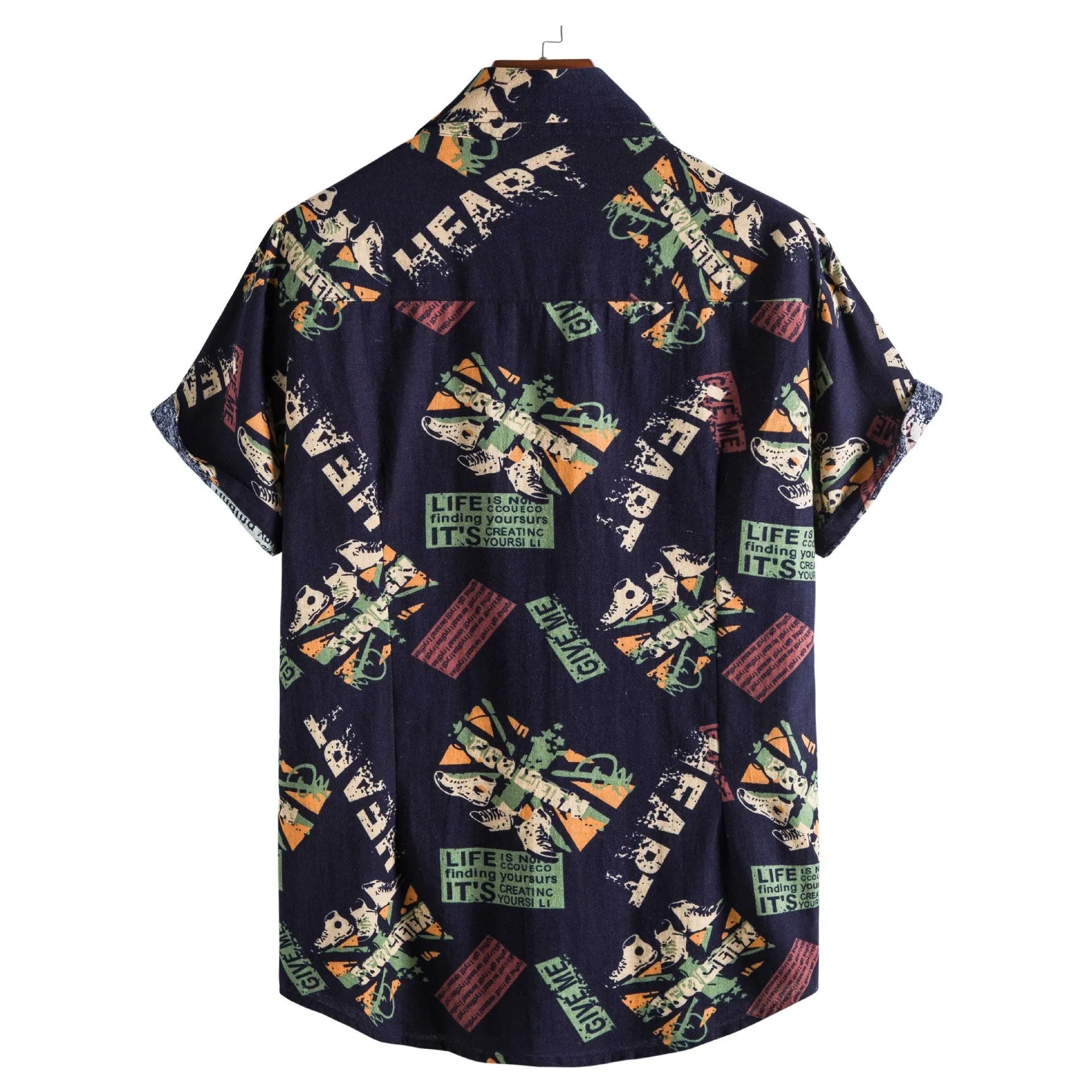 Vintage Letter Print Turn-down Collar Shirts Men Casual Short Sleeve