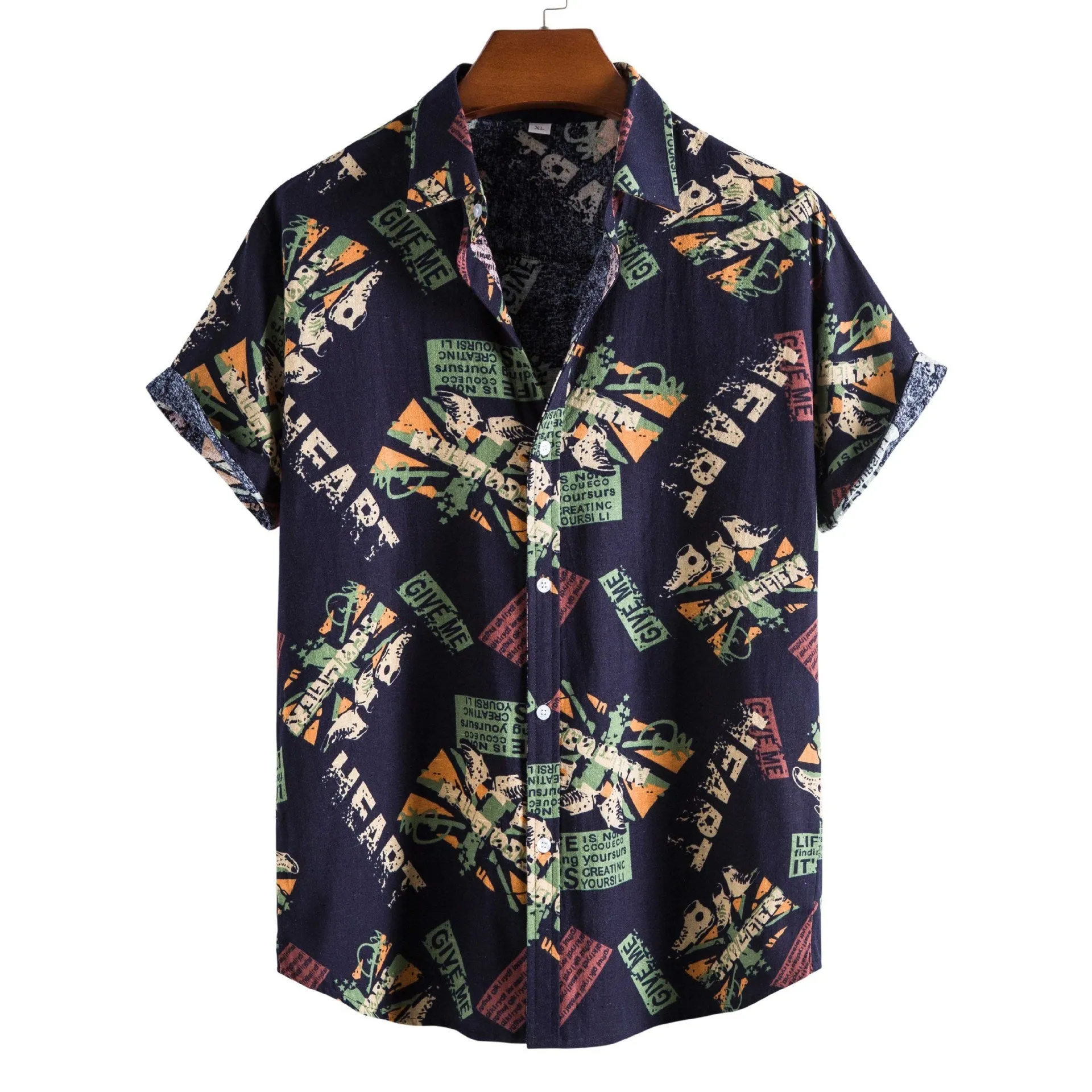 Vintage Letter Print Turn-down Collar Shirts Men Casual Short Sleeve