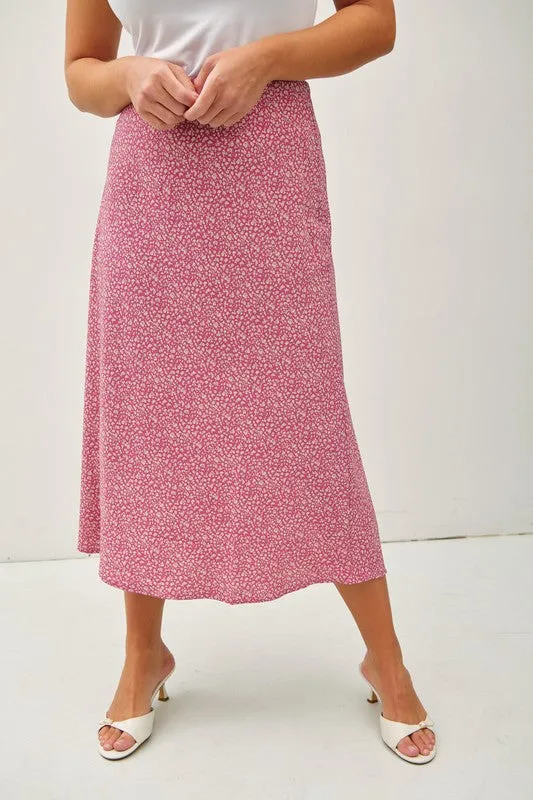 VIOLET FLORAL PRINT MIDI SKIRT WITH ELASTIC WAISTBAND
