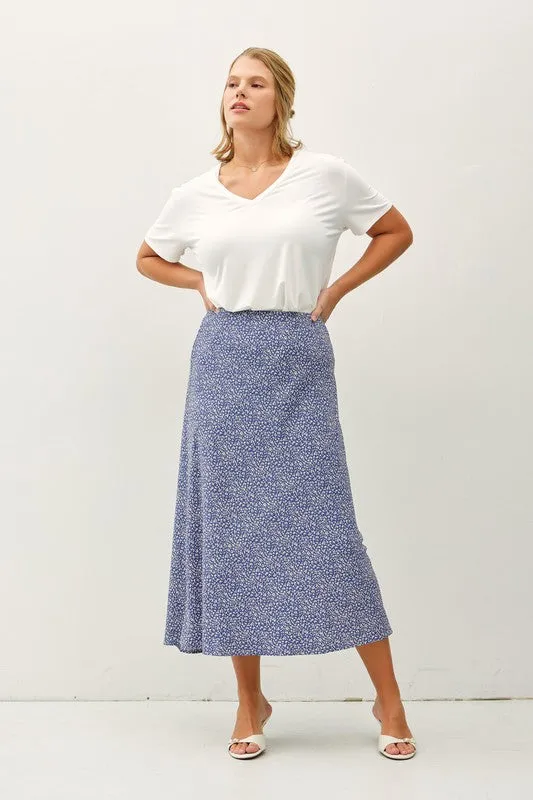 VIOLET FLORAL PRINT MIDI SKIRT WITH ELASTIC WAISTBAND