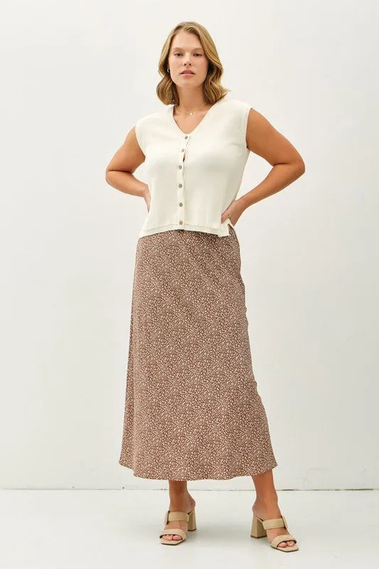 VIOLET FLORAL PRINT MIDI SKIRT WITH ELASTIC WAISTBAND