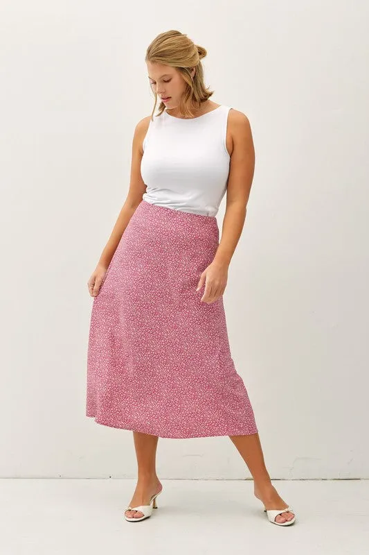VIOLET FLORAL PRINT MIDI SKIRT WITH ELASTIC WAISTBAND