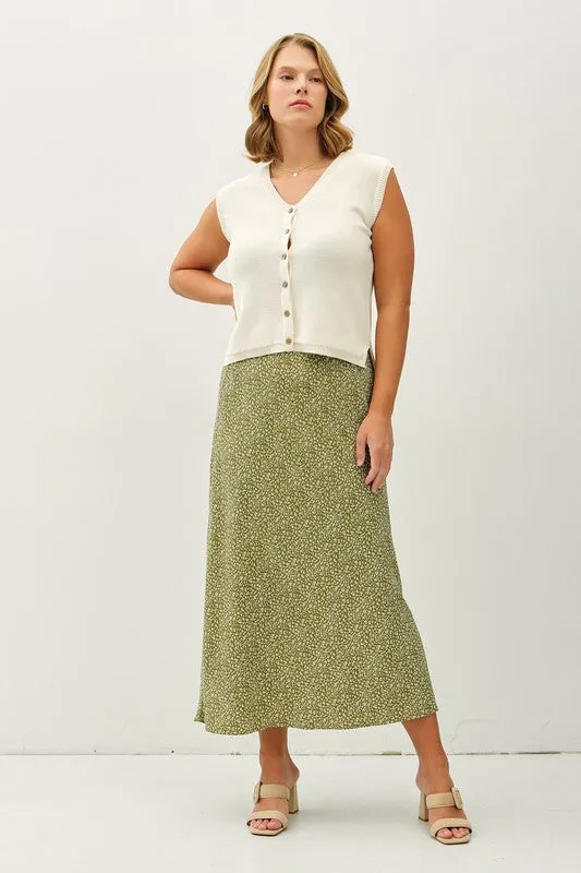 VIOLET FLORAL PRINT MIDI SKIRT WITH ELASTIC WAISTBAND