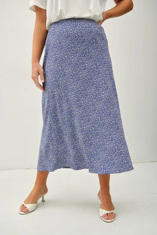 VIOLET FLORAL PRINT MIDI SKIRT WITH ELASTIC WAISTBAND