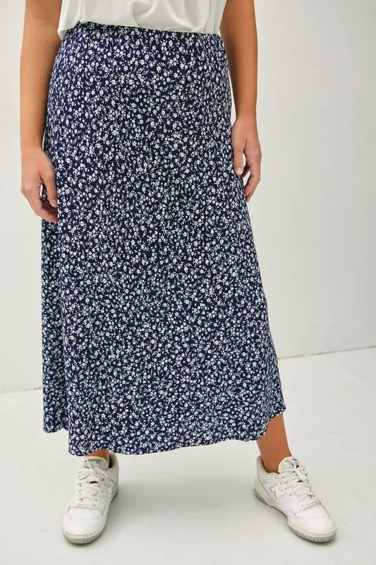 VIOLET FLORAL PRINT MIDI SKIRT WITH ELASTIC WAISTBAND