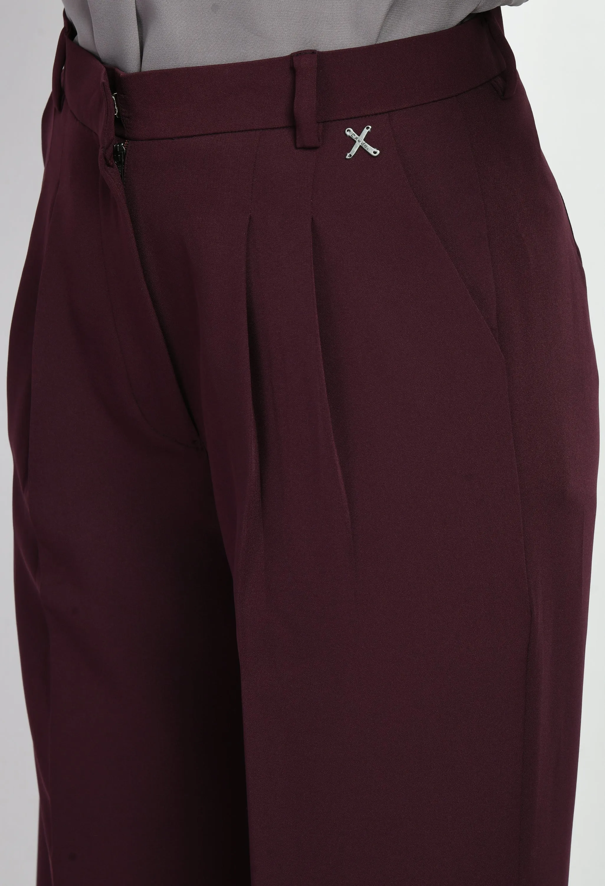 Wine Cotton Blend Influence Solid Wide Leg Trouser Only