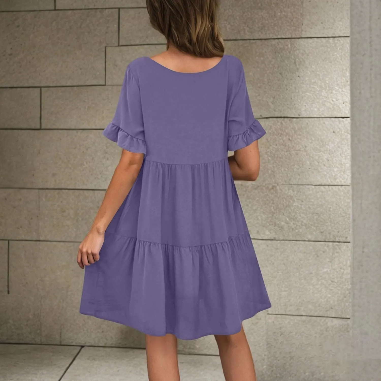 Women Summer Casual Dress Loose V Neck Sundress Short Flowy Dress Ruffle Tiered Mini Dress Cute Shirt Dress for Beach