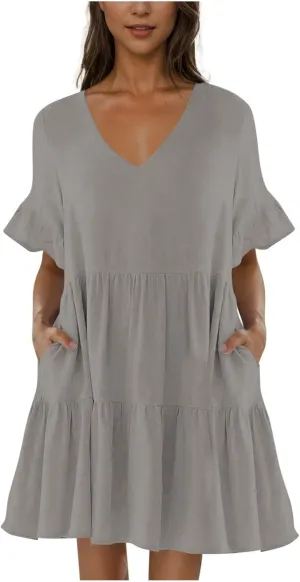 Women Summer Casual Dress Loose V Neck Sundress Short Flowy Dress Ruffle Tiered Mini Dress Cute Shirt Dress for Beach