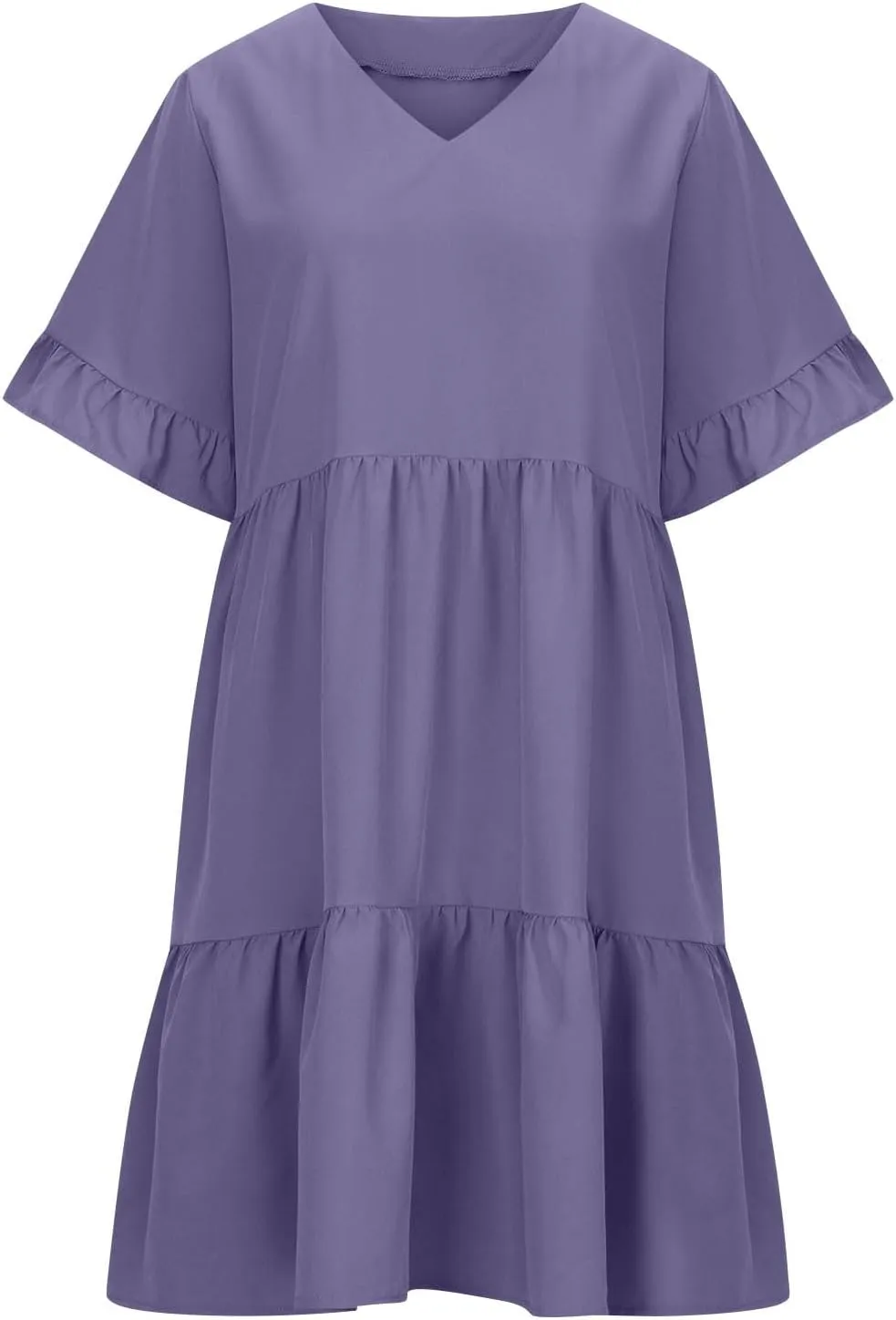 Women Summer Casual Dress Loose V Neck Sundress Short Flowy Dress Ruffle Tiered Mini Dress Cute Shirt Dress for Beach