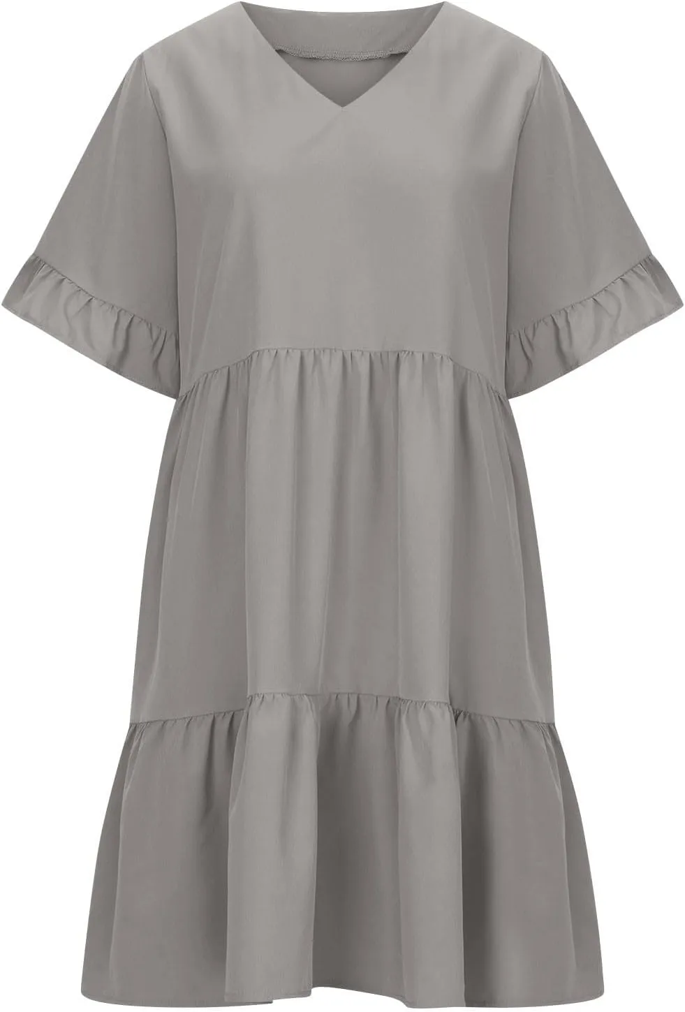 Women Summer Casual Dress Loose V Neck Sundress Short Flowy Dress Ruffle Tiered Mini Dress Cute Shirt Dress for Beach