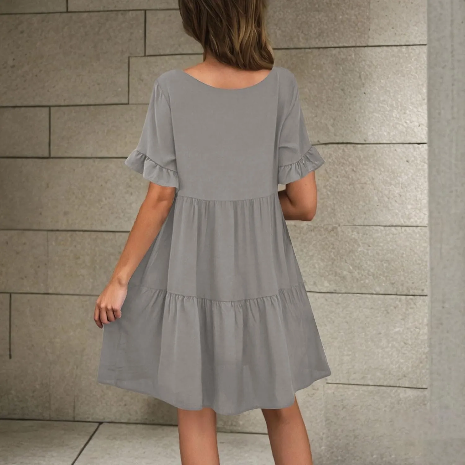 Women Summer Casual Dress Loose V Neck Sundress Short Flowy Dress Ruffle Tiered Mini Dress Cute Shirt Dress for Beach