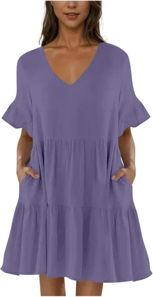 Women Summer Casual Dress Loose V Neck Sundress Short Flowy Dress Ruffle Tiered Mini Dress Cute Shirt Dress for Beach