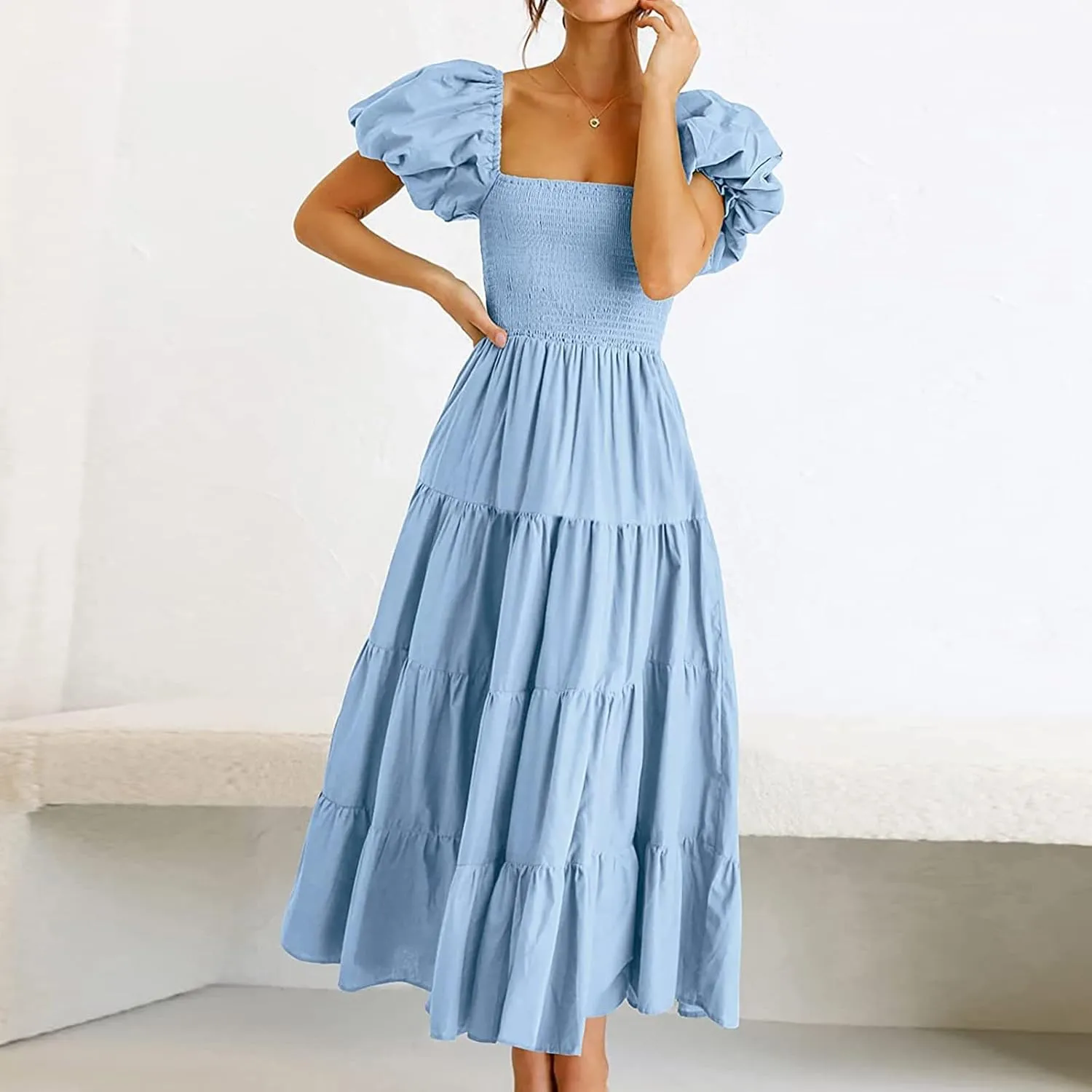 Women's 2025 Milkmaid Dress Bohemian Summer Square Neck Puff Sleeve Ruffle Flowy Beach Midi Dress Casual A Line Beach Dress