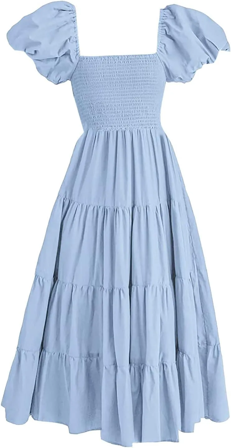 Women's 2025 Milkmaid Dress Bohemian Summer Square Neck Puff Sleeve Ruffle Flowy Beach Midi Dress Casual A Line Beach Dress