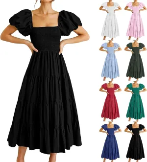 Women's 2025 Milkmaid Dress Bohemian Summer Square Neck Puff Sleeve Ruffle Flowy Beach Midi Dress Casual A Line Beach Dress