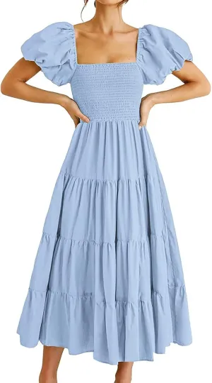 Women's 2025 Milkmaid Dress Bohemian Summer Square Neck Puff Sleeve Ruffle Flowy Beach Midi Dress Casual A Line Beach Dress