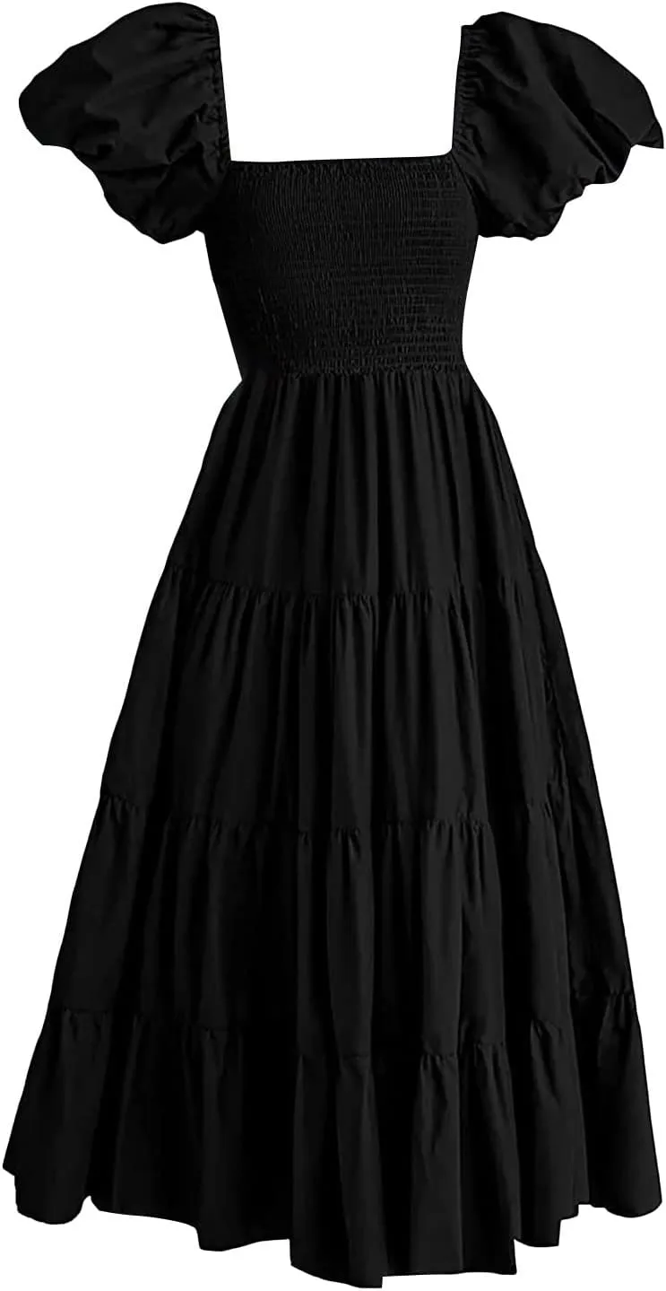 Women's 2025 Milkmaid Dress Bohemian Summer Square Neck Puff Sleeve Ruffle Flowy Beach Midi Dress Casual A Line Beach Dress