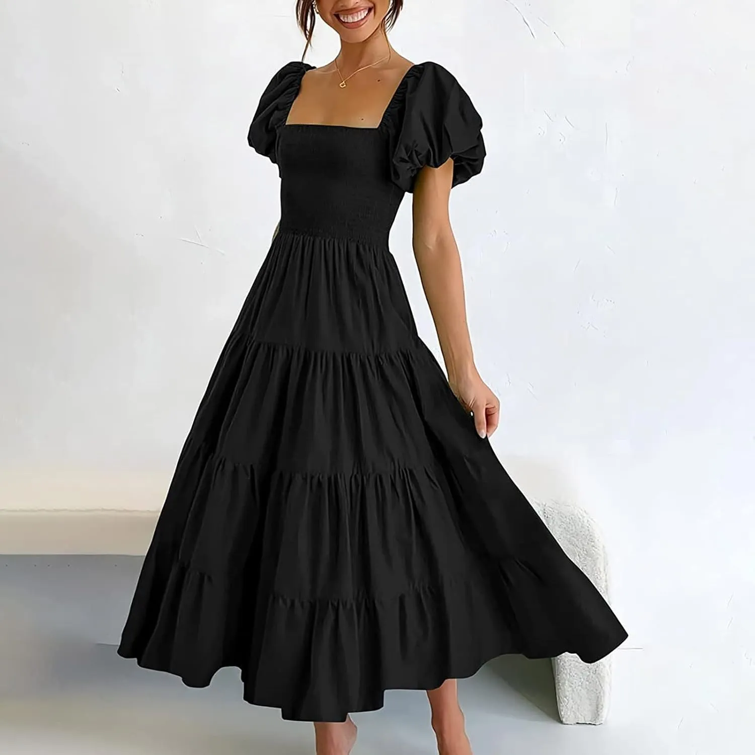Women's 2025 Milkmaid Dress Bohemian Summer Square Neck Puff Sleeve Ruffle Flowy Beach Midi Dress Casual A Line Beach Dress