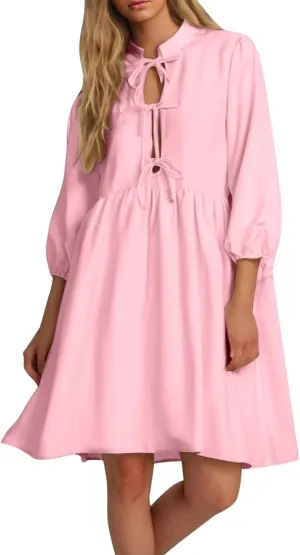 Women's Babydoll Dress Crewneck Long Puff Sleeve Tie Front Ruffle A-Line Mini Dress Cute Mini Tunic Dresses 2025