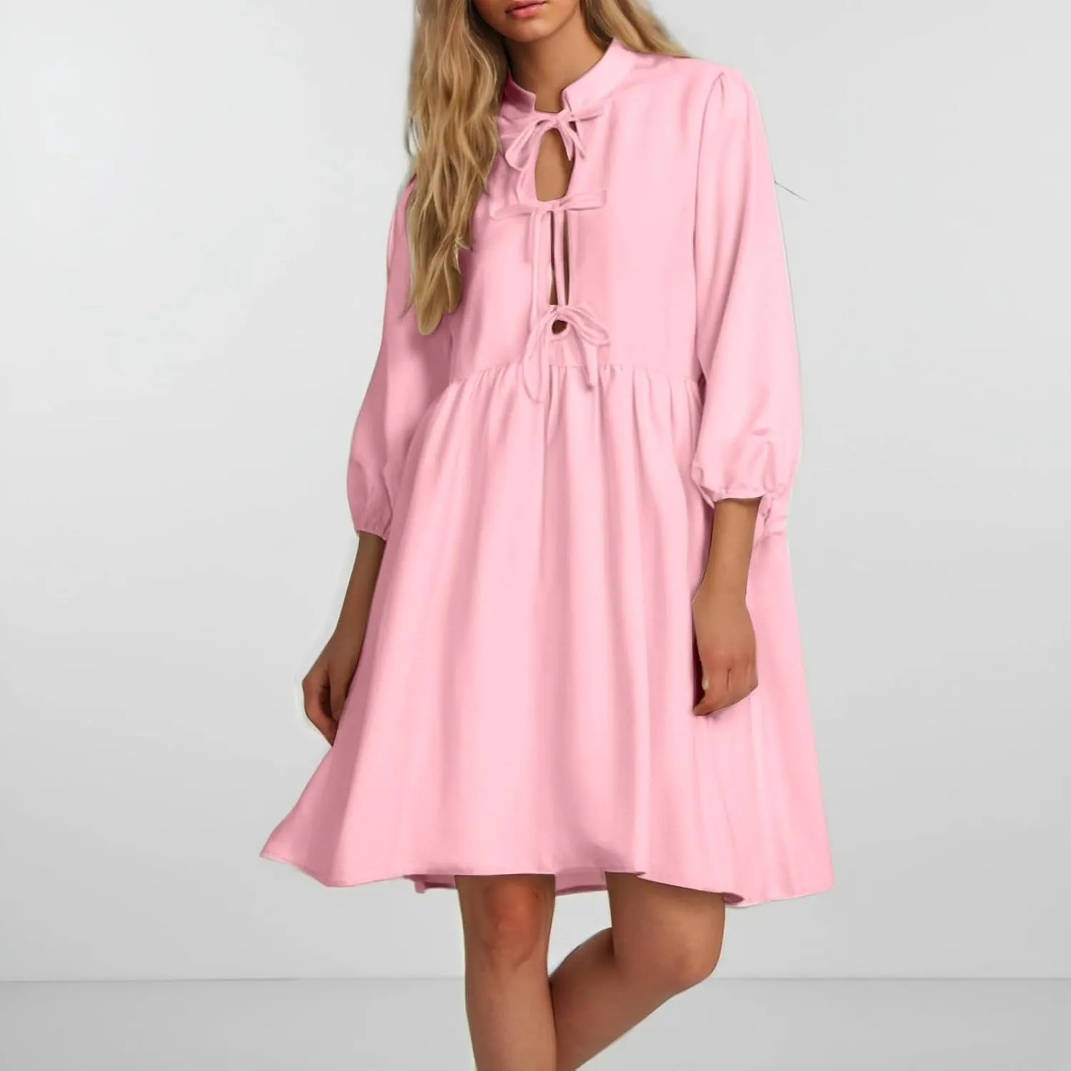 Women's Babydoll Dress Crewneck Long Puff Sleeve Tie Front Ruffle A-Line Mini Dress Cute Mini Tunic Dresses 2025