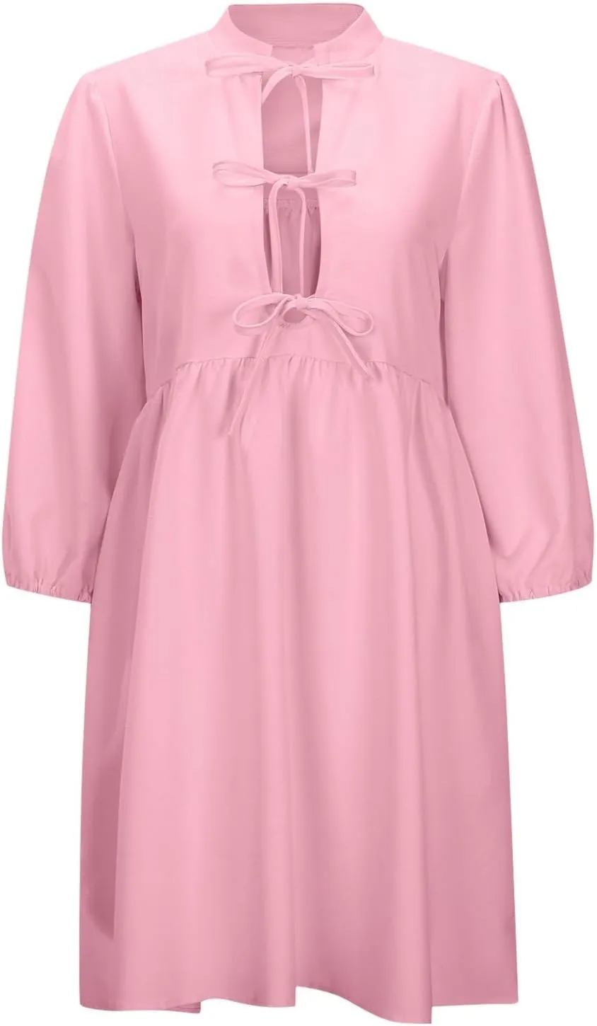 Women's Babydoll Dress Crewneck Long Puff Sleeve Tie Front Ruffle A-Line Mini Dress Cute Mini Tunic Dresses 2025