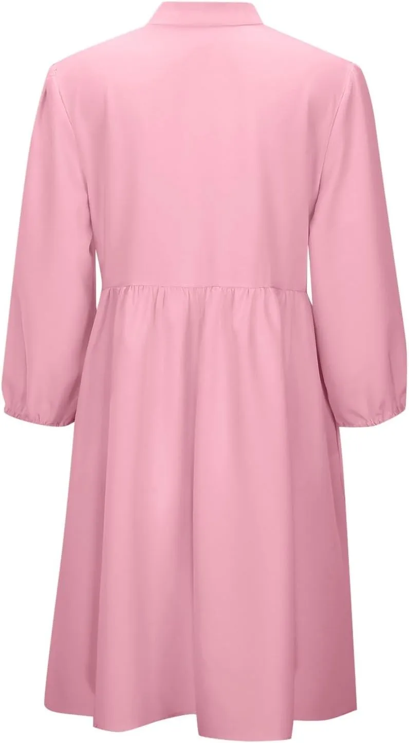 Women's Babydoll Dress Crewneck Long Puff Sleeve Tie Front Ruffle A-Line Mini Dress Cute Mini Tunic Dresses 2025