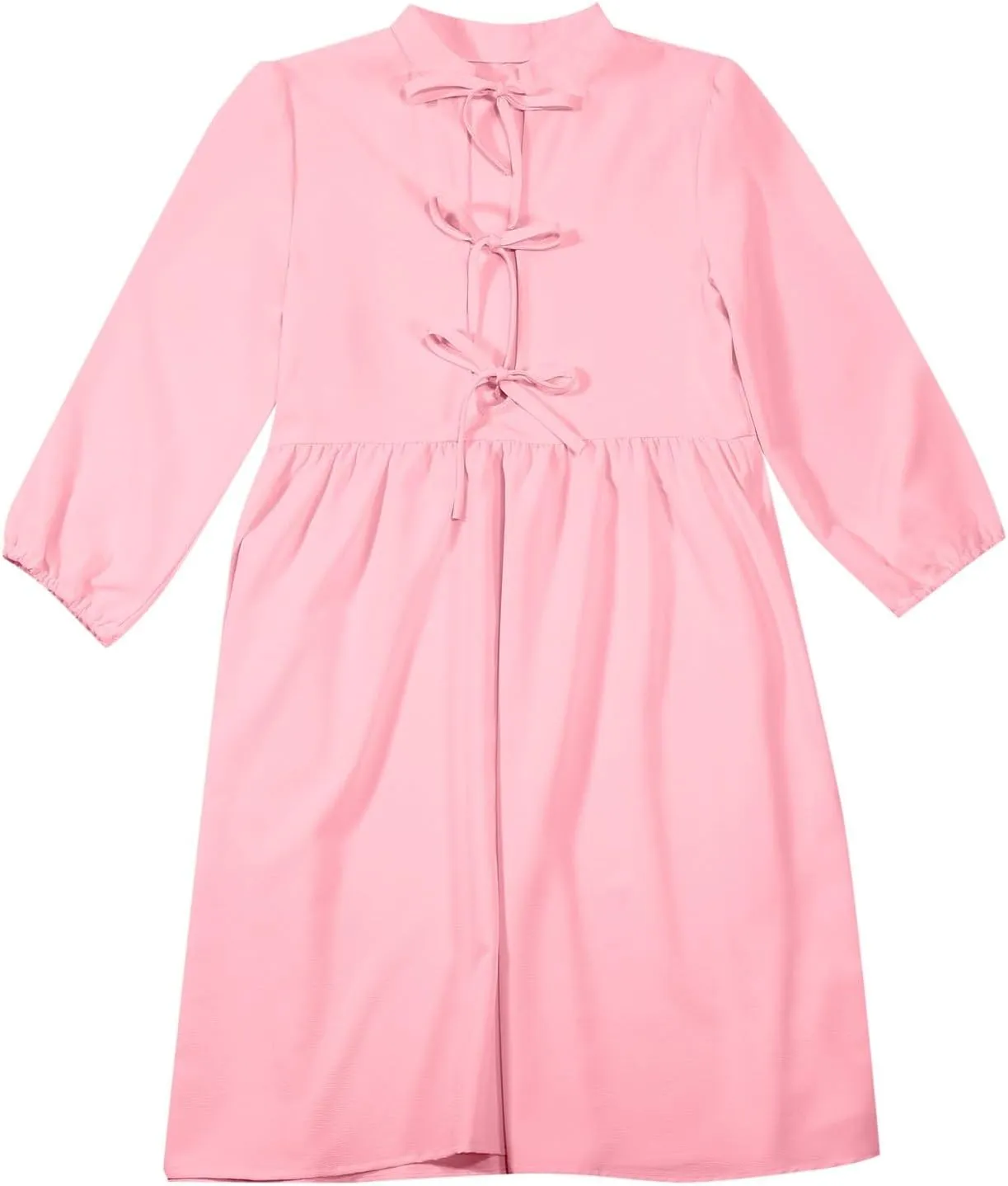 Women's Babydoll Dress Crewneck Long Puff Sleeve Tie Front Ruffle A-Line Mini Dress Cute Mini Tunic Dresses 2025