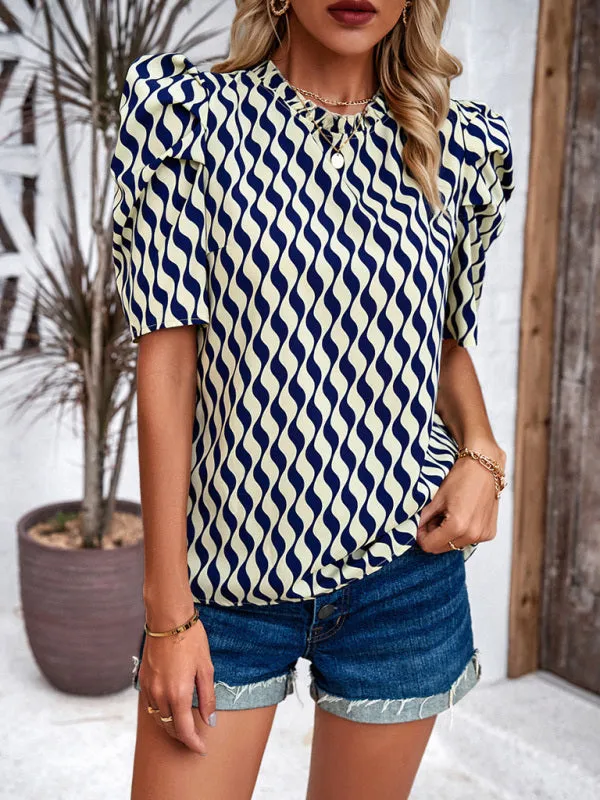 Women's elegant puff sleeve printed top blouse