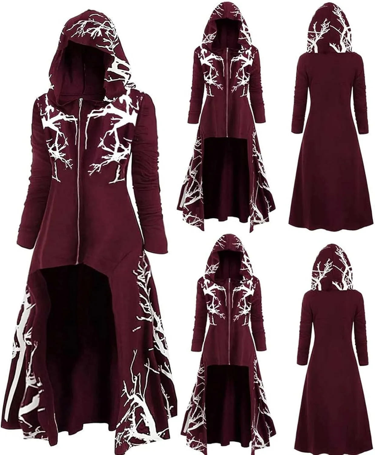 Womens Hoodies Cloak Halloween Vintage Printed Punk Style Long Sleeve Plus Size Hooded Blouse Midi Shirts Dress