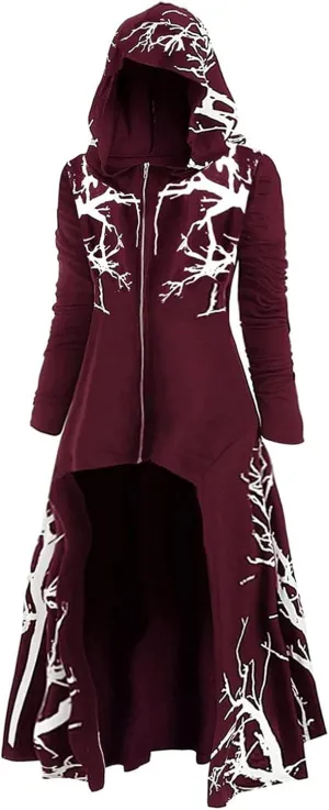 Womens Hoodies Cloak Halloween Vintage Printed Punk Style Long Sleeve Plus Size Hooded Blouse Midi Shirts Dress