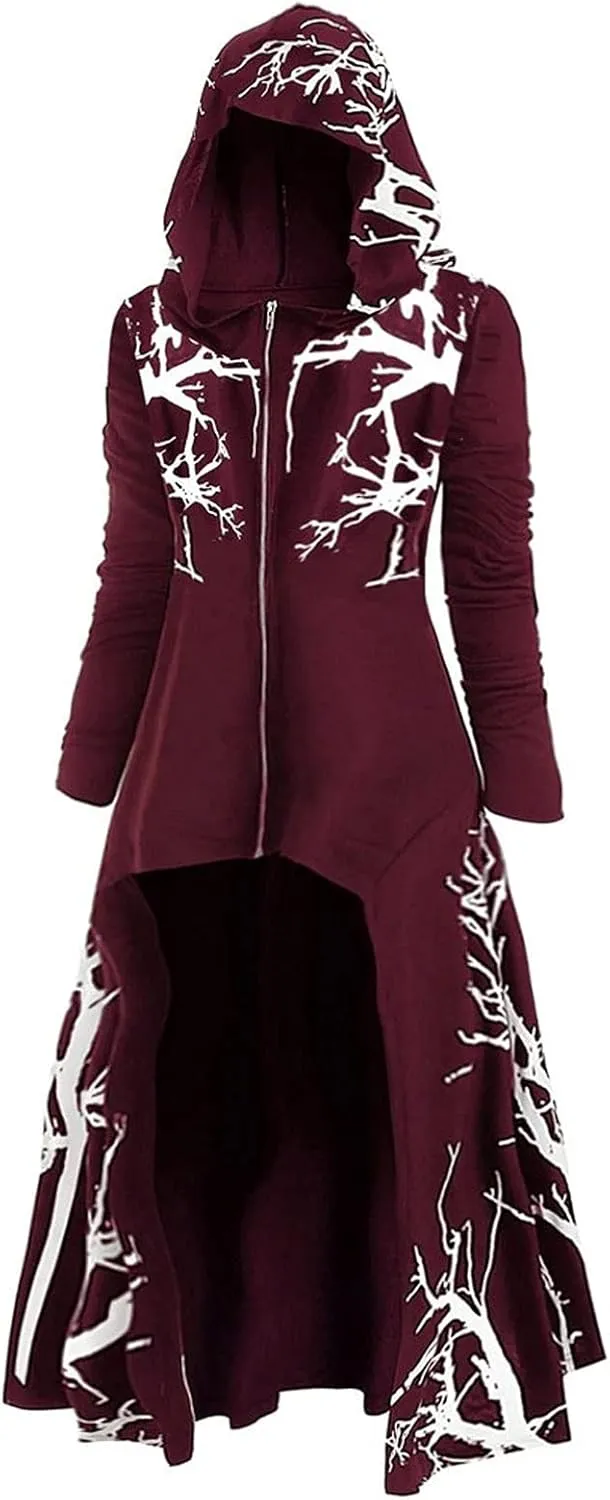 Womens Hoodies Cloak Halloween Vintage Printed Punk Style Long Sleeve Plus Size Hooded Blouse Midi Shirts Dress