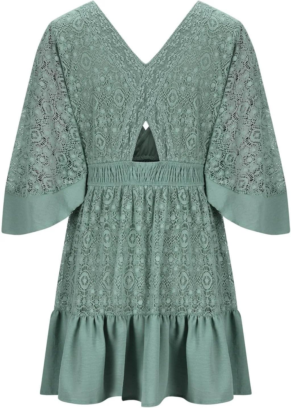 Womens Sexy Lace Dress Short Sleeve V Neck Elastic Waist Boho Summer Dresses Ruffle Mini Dress with Built in Shorts