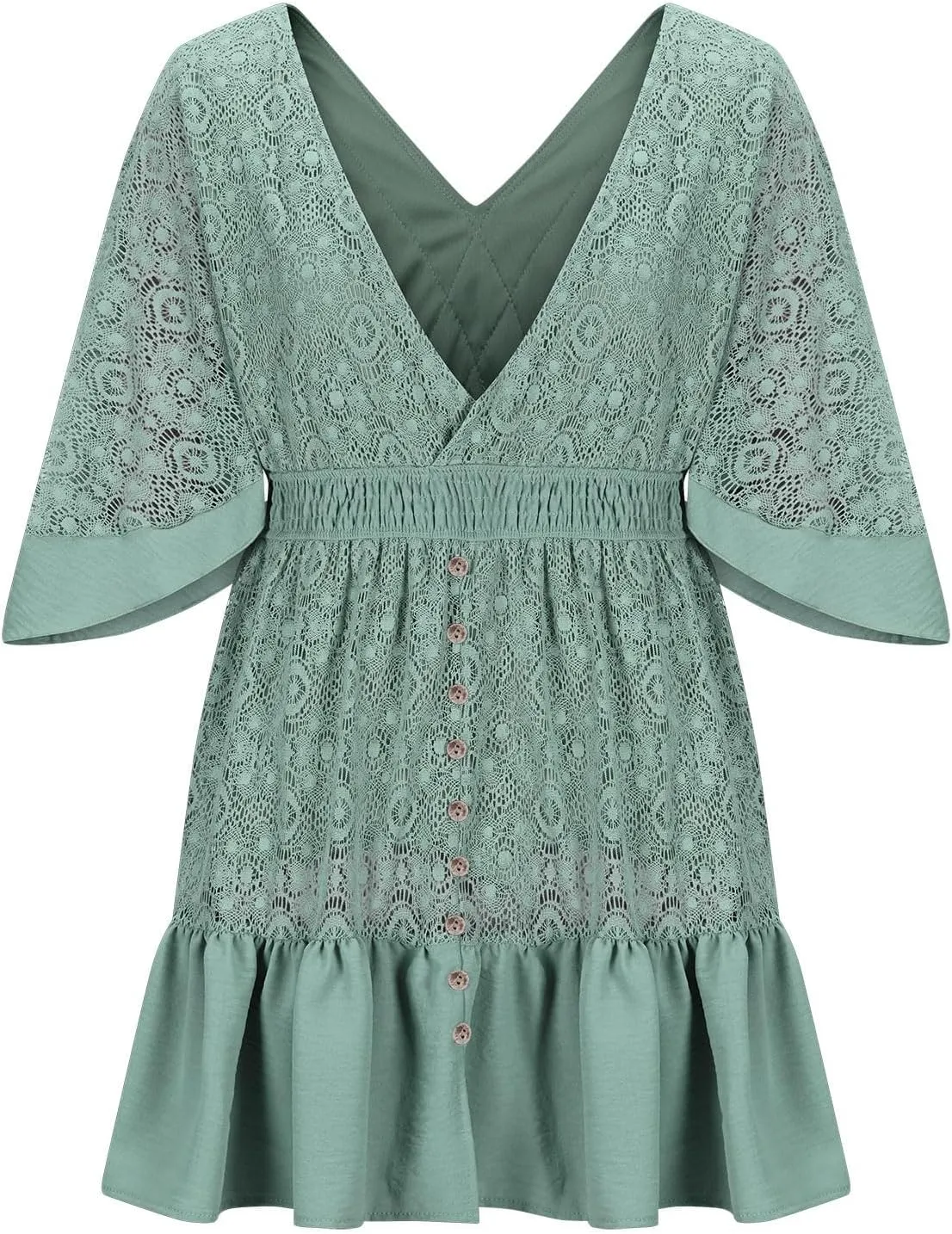 Womens Sexy Lace Dress Short Sleeve V Neck Elastic Waist Boho Summer Dresses Ruffle Mini Dress with Built in Shorts