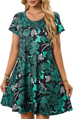 Womens Summer Casual Dresses Paisley Floral T Shirt Dress Short Sleeve Plus Size Sundress Swing Boho Dress with Pockets