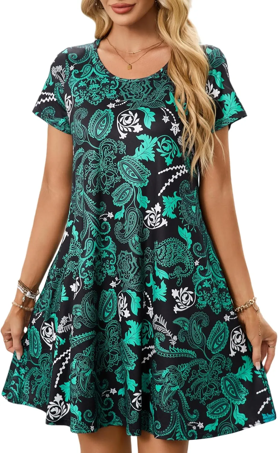 Womens Summer Casual Dresses Paisley Floral T Shirt Dress Short Sleeve Plus Size Sundress Swing Boho Dress with Pockets