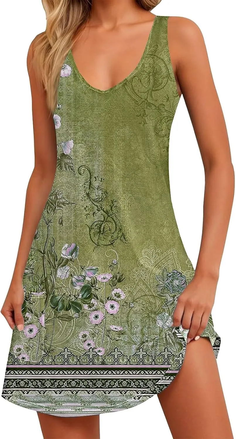 Women's Summer Dresses 2025 Beach Casual Sleeveless Floral Print Boho Tank Dress V Neck Ruffle Dresses