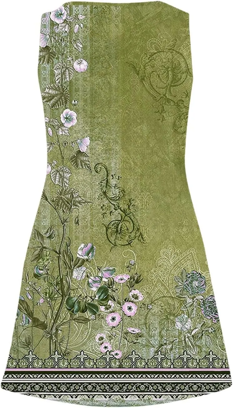 Women's Summer Dresses 2025 Beach Casual Sleeveless Floral Print Boho Tank Dress V Neck Ruffle Dresses